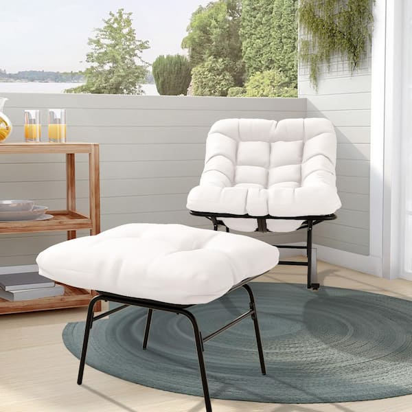 JEAREY Metal Outdoor Rocking Chair with White Padded Cushion and Ottoman Foot Rest for Balcony