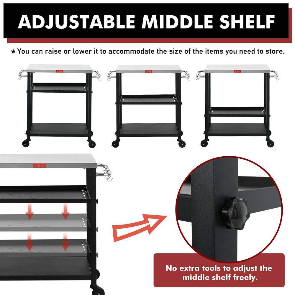 Adjustable 3-Tier Black and Stainless Steel Outdoor Grill Cart