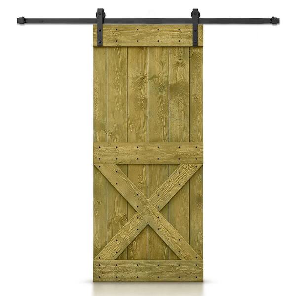CALHOME Mini X Series 36 in. x 84 in. Pre-Assembled Jungle Green Stained Wood Interior Sliding Barn Door with Hardware Kit
