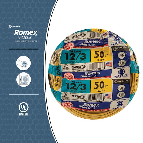 Southwire 50 Ft 12 3 Solid Romex Simpull Cu Nm B W G Wire The Home Depot