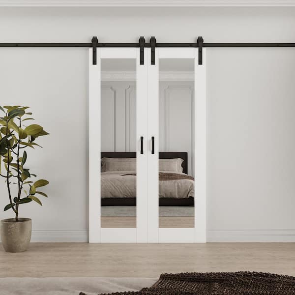 48 in. x 80 in. (Double 24 in. ) Paneled White Mirrored Glass White Primed MDF Sliding Barn Door with Hardware Kit