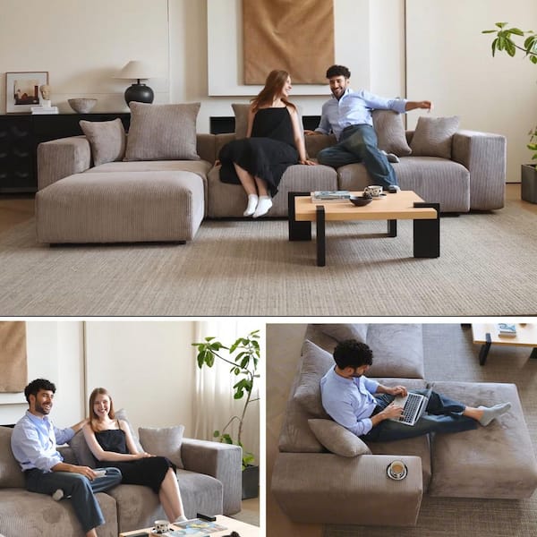 Modern 181 in. Square Arm Corduroy Modular Oversized Floor Sofa U-shaped Couch with Ottoman, Removable Covers in Brown