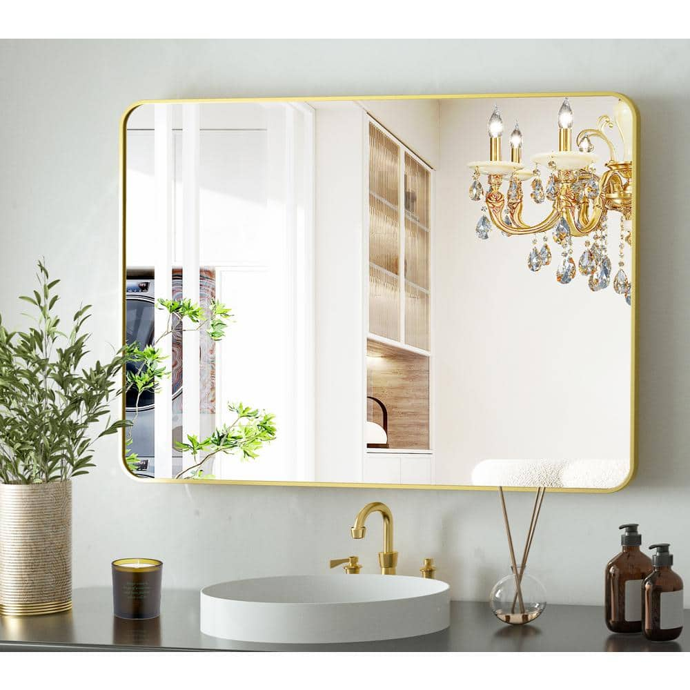 XRAMFY 24 In. W X 35 In. H Rectangular Aluminum Alloy Framed Rounded Modern Gold Wall Mirror ...