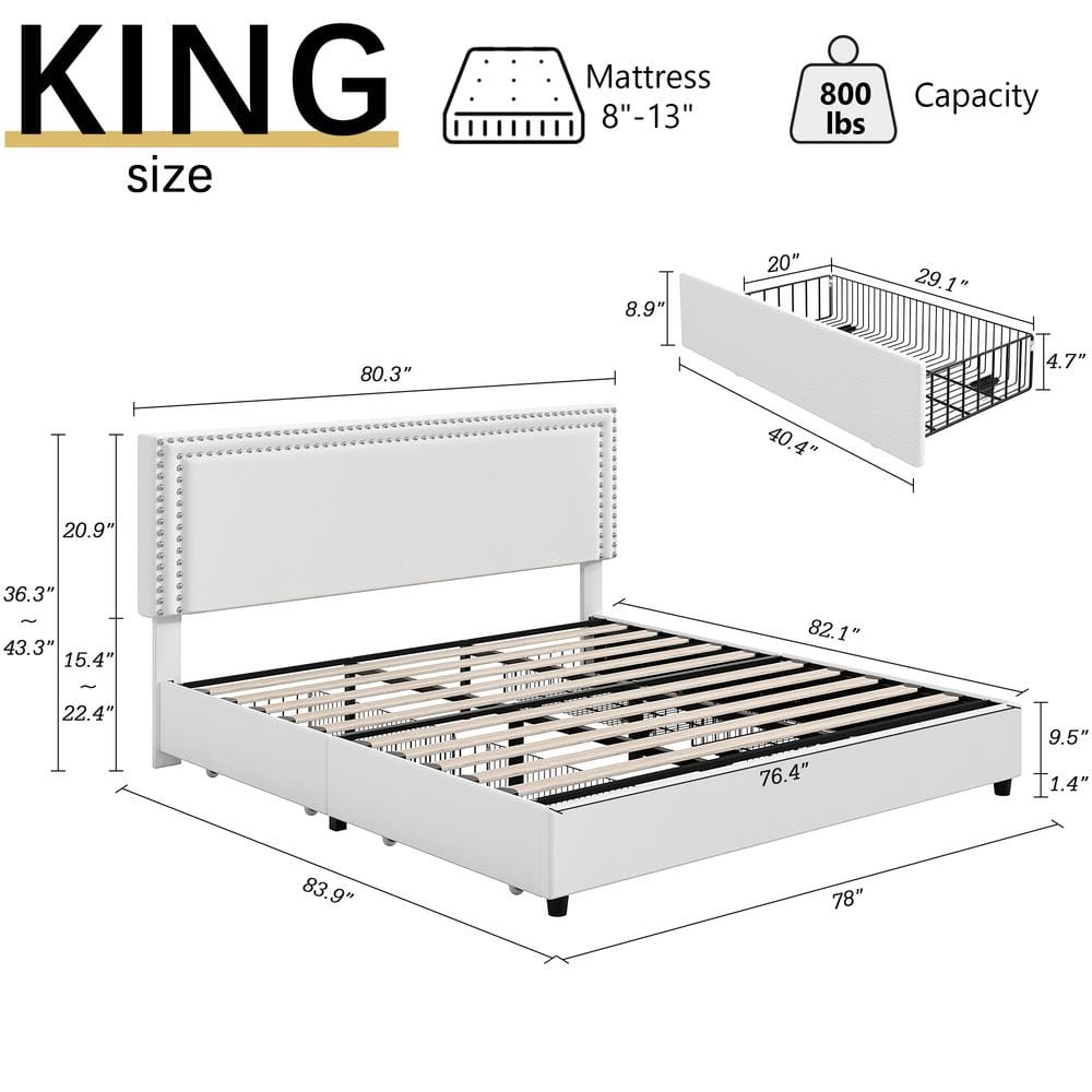White Velvet Upholstered King Platform Bed with Storage Drawers