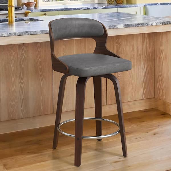 cozyman Edwards 26 in.Modern Gray Faux Leather Swivel Bar Stool with Solid Walnut Wood Frame Bentwood Counter Stool