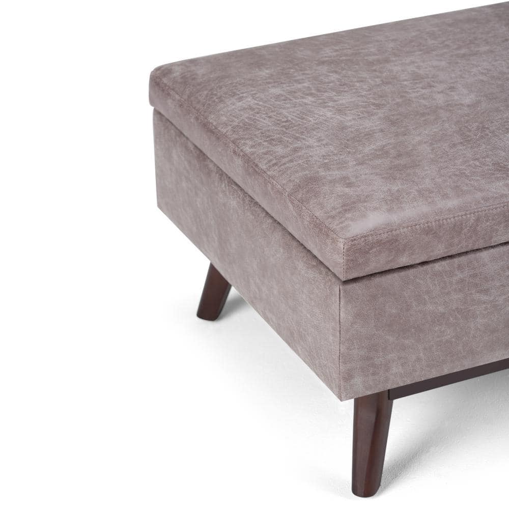 Mid-Century Modern Distressed Gray Taupe Wood Storage Ottoman