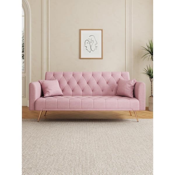71 in. Round Arm Pink Convertible Twin Size Velvet Sofa Bed
