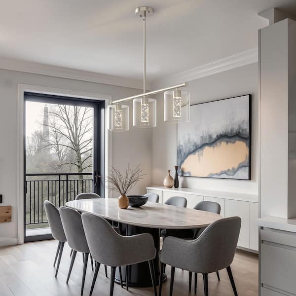 3-Light Brushed Nickel Modern Kitchen Island Integrated LED Pendant Light fixtures, Linear Chandelier with Clear Glass