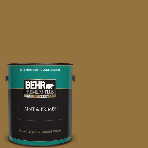 BEHR PREMIUM PLUS 1 gal. #330D-7 Sconce Gold Semi-Gloss Enamel Exterior Paint & Primer