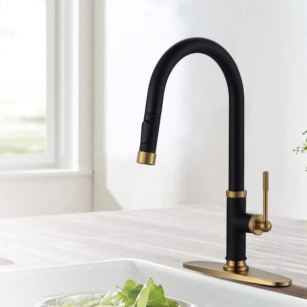 Single Handle Pull Down Sprayer Kitchen Faucet with Advanced Spray in Black and Gold