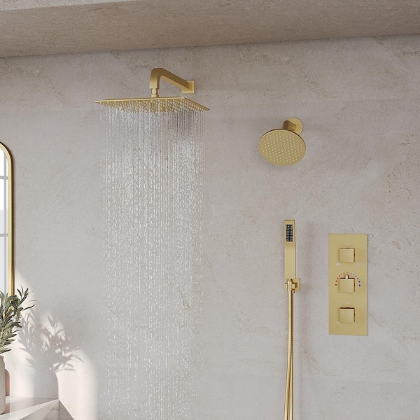 3 Handle 5-Spray Shower Faucet 2.5 GPM with Shower Drain, High Pressure, Anti Scald, Thermostatic Valve in Brushed Gold