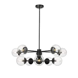 Avell 36 in. 10-Light Matte Black Chandelier with Clear Glass