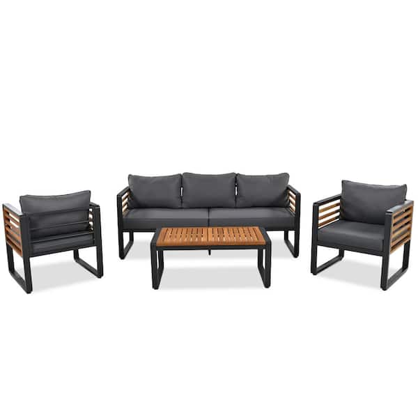 Zeus & Ruta Large Size 4-Piece Metal and Wood Frame 5-Person Patio Conversation Set with Gray Cushions, Acacia Wood Tabletop
