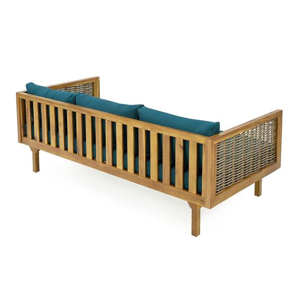 Acacia Wood Outdoor 3 Seater Day Bed with Rattan Arms and Dark