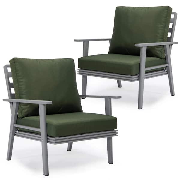 Leisuremod Walbrooke Modern Grey Outdoor Arm Chair with Powder Coated Aluminum Frame and Removable Cushions in Green Set of 2