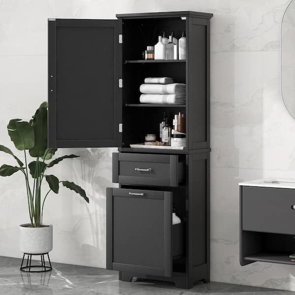 Tenleaf 20 in. W x 13 in. D x 68.10 in. H Black MDF Linen Cabinet, Bathroom Storage Cabinet with Drawer and Adjustable Shelf