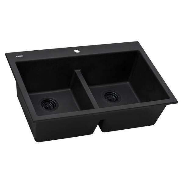 Ruvati 33 x 22 inch epiGranite Drop-In Topmount Granite Composite Double Bowl Low Divide Kitchen Sink, Midnight Black