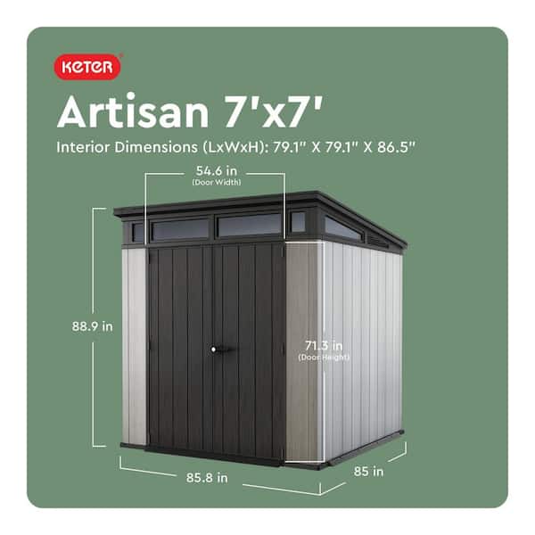 Artisan 7 ft. W x 7 ft. D  Modern Resin Plastic Shed with Double Doors (50 sq. ft.) in Grey