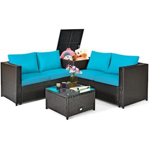 4-Piece Wicker Outdoor Patio Conversation Set Rattan Furniture Set with Turquoise Cushions, Loveseat and Storage Box
