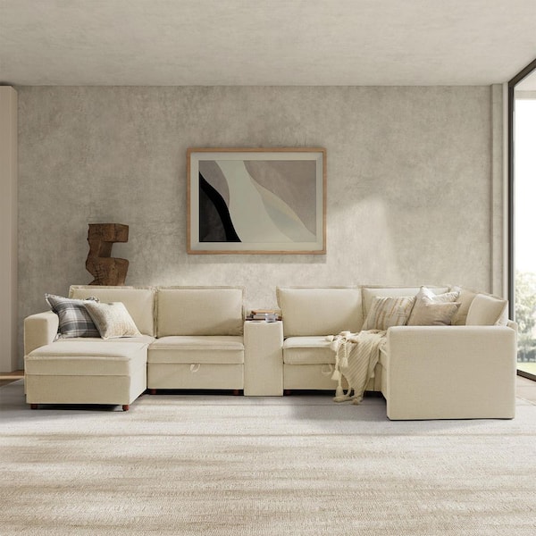 Zareon 144 in. sq. Arm Polyester Beige Modern 6-Seat Rectangle Storage Sectional Sofa in. Beige