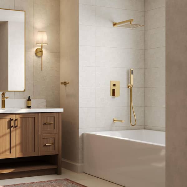 Wall Mount 10 in. Square Single Handle 3-Spray Shower Faucet 2.5 GPM with Pressure Balance, Anti Scald in Brushed Gold