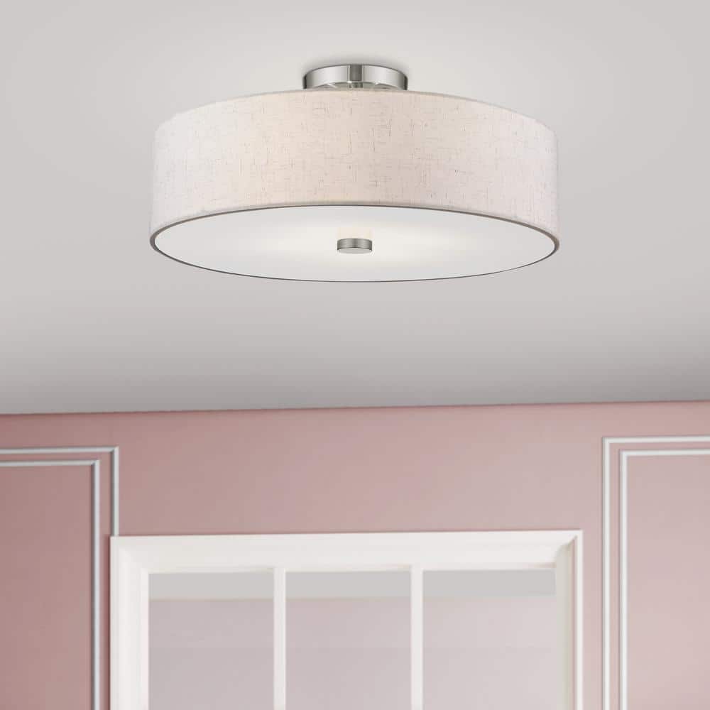 Elegant Brushed Nickel 4-Light Semi-Flush Mount with Oatmeal Fabric Shade