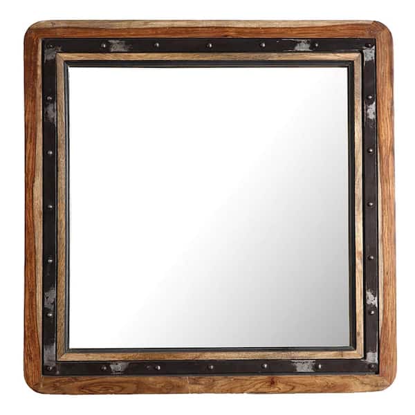 Renwil Medium Square Natural Wood And Distressed Black Metal Shatter Resistant Contemporary Mirror (30 in. H x 30 in. W)