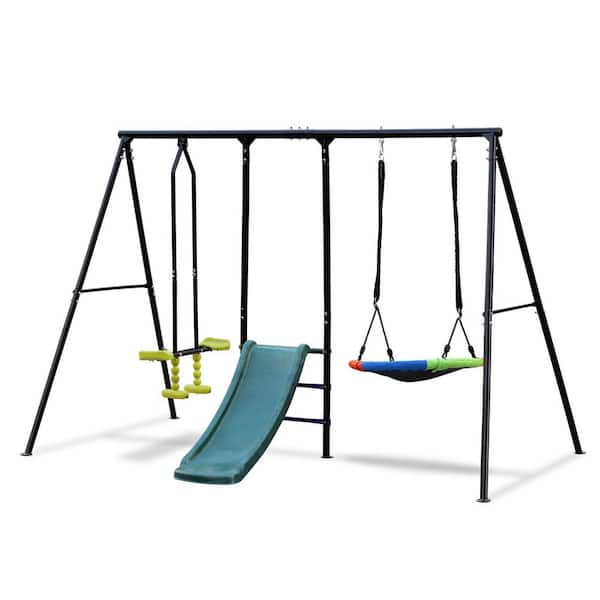 Multicolor Outdoor Swing Set with Slide and Glider, 1 Saucer Swing for Backyard