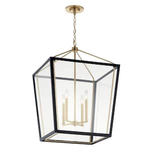 Delvin 31.75 in. 4-Light Champagne Bronze and Black Traditional Foyer Hanging Pendant Light with Removable Clear Glass