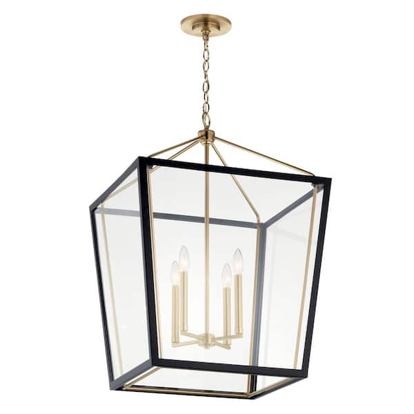 Delvin 31.75 in. 4-Light Champagne Bronze and Black Traditional Foyer Hanging Pendant Light with Removable Clear Glass