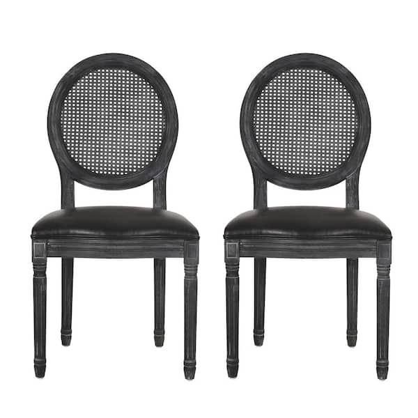 Noble House Acorn Midnight Black and Gray Wood and Cane Upholstered Dining Chair (Set of 2)
