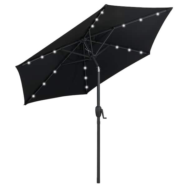 7.5 ft. Solar Powered Market Patio Umbrella with LED Lights Push Button Tilt Crank Handle in Black