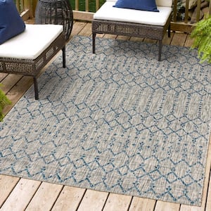 Ourika Moroccan Light Gray/Navy 3 ft. 11 in. x 6 ft. Geometric Textured Weave Indoor/Outdoor Area Rug