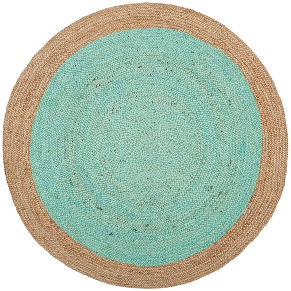 SAFAVIEH Natural Fiber Aqua/Beige 4 ft. x 4 ft. Round Border Area Rug