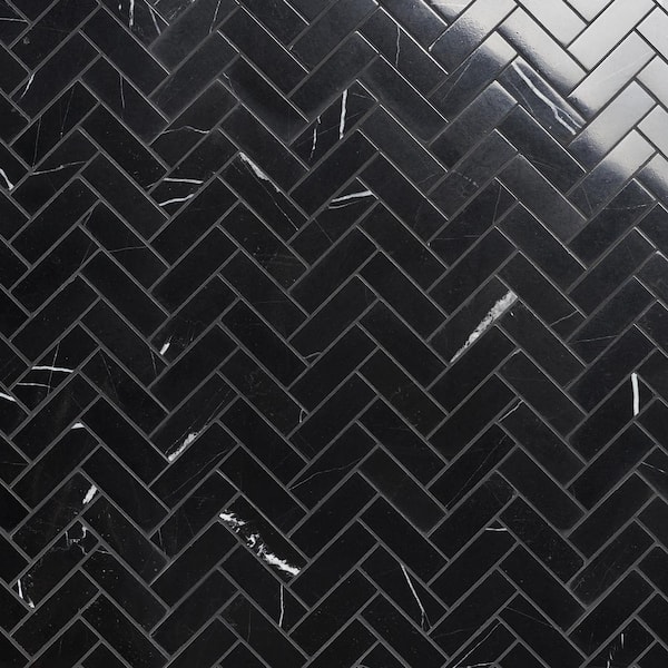 Nero Marquina Black Marble 1x4 Herringbone Mosaic Tile Honed