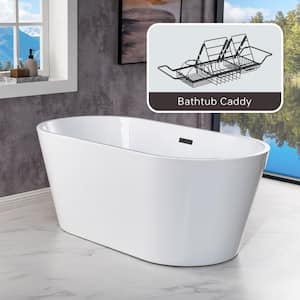 59 in. L x 29.5 in.W Acrylic Flat Bottom Soaking Bathtub in White with Matte Black Drain and BATHCAD