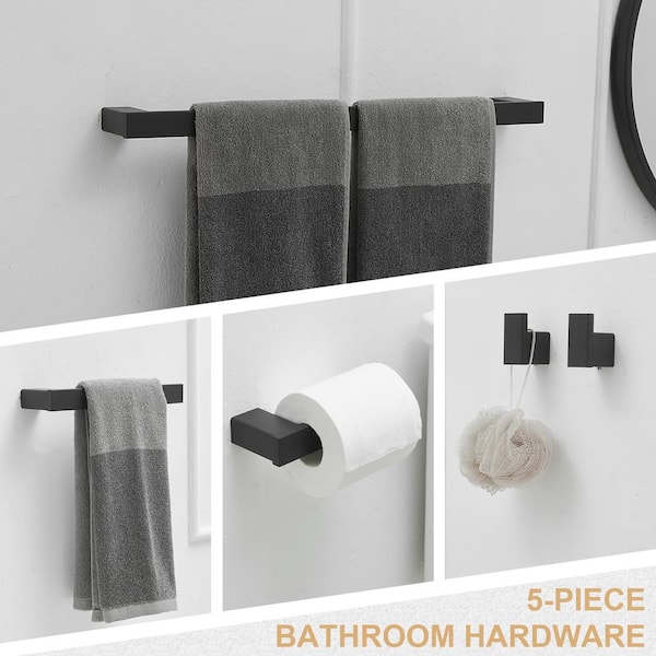 5-Piece Bath Hardware Set with Towel Bar Towel Hook Toilet Paper Holder in Matte Black