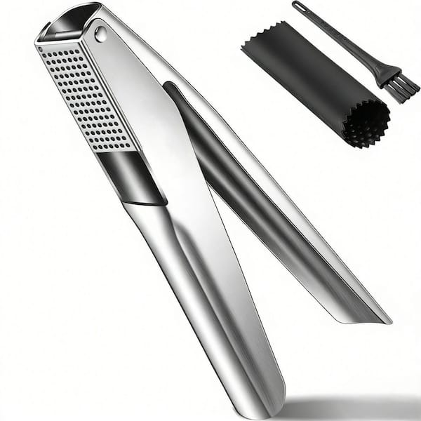 Stainless Steel Garlic Press Set with Silicone Peeler and Cleaning Brush Masher Easy Squeeze Large Trough