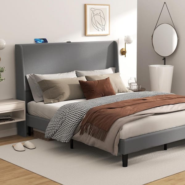 ComHoma Gray Upholstered Bed Frame with High Wingback Headboard, Type-C and USB Ports Queen Size Platform Bed