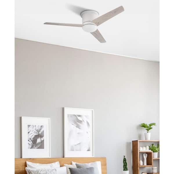 52 in. White, White/Washed Oak Blades Flush Mount Damp Propeller Outdoor Ceiling Fan w/ Integrated LED, Control Included