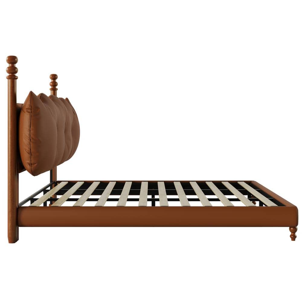 California King Coffee Faux Leather Upholstered Bed with Tufted Headboard