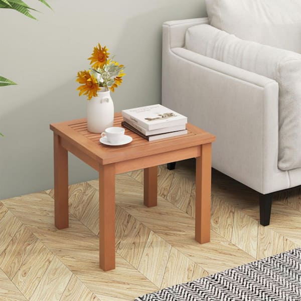 Kadehome 18 Inch Square Wood Outdoor Side Table with Slatted