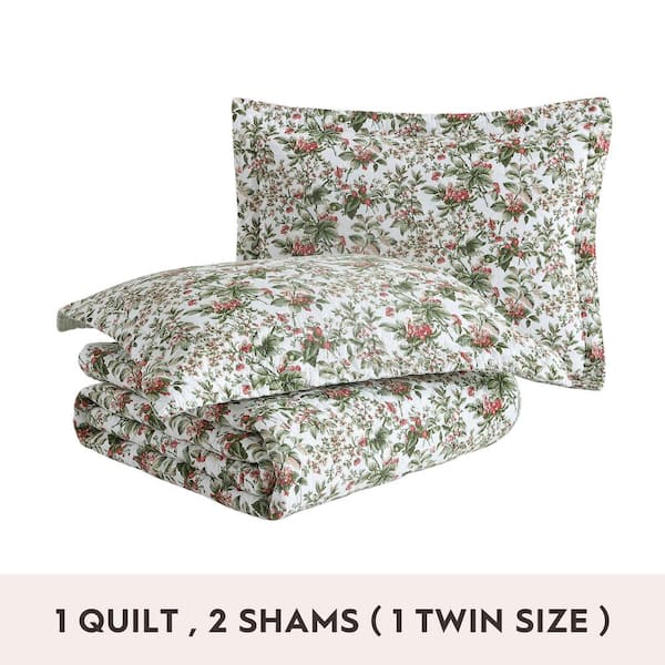 REVMAN Bramble Floral 3-Pcs Green Cotton Full/Queen Quilt-Sham Set