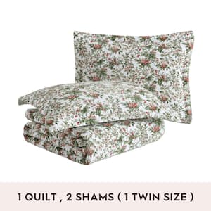 Bramble Floral 3-Pcs Green Cotton King Quilt-Sham Set