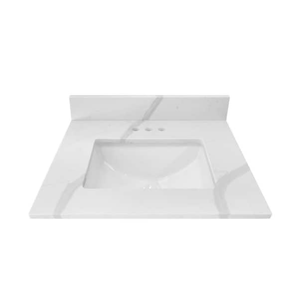 Home Decorators Collection 25 in. W x 22 in D Quartz White Rectangular Single Sink Vanity Top in Statuario White