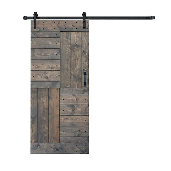 ISLIFE S Series 38 in. x 84 in. Smoky Gray Finished DIY Solid Wood Sliding Barn Door with Hardware Kit