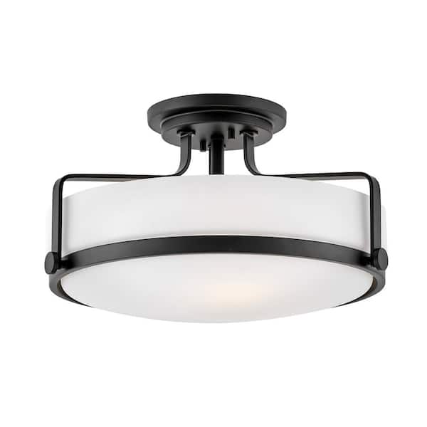 Hinkley Harper Large Semi-Flush Ceiling Light, Black + Etched Opal Glass