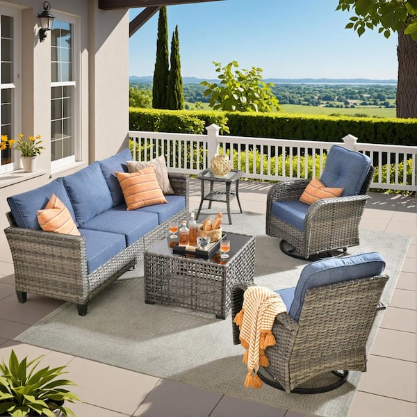 Caodoc Audrey Gray 5-Piece Wicker Outdoor Patio Modern Conversation Sofa Seating Set with Ottomans and Denim Blue Cushions