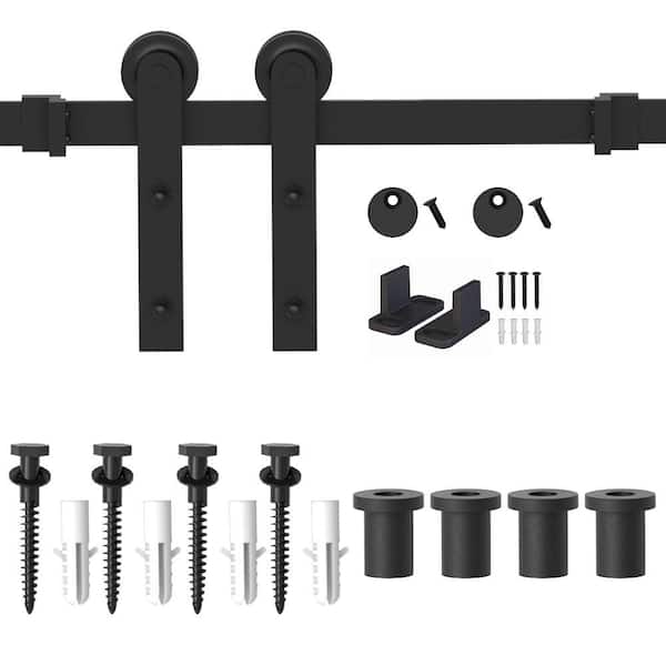 WINSOON 5 ft. Frosted Black Strap Sliding Barn Door Track Hardware Kit for Single Wood Door with Non-Routed Floor Guide