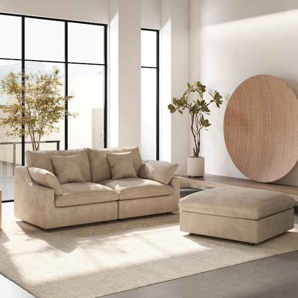 83 in. W Square Arm Linen Upholstered Rectangle 2-Seater Sectional Sofa with Ottoman in. khaki
